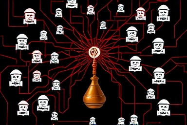 Tangled web of accounts leading to a gavel, symbolizing legal consequences.