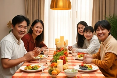 Korean family enjoying a joyful, budget-friendly holiday meal.