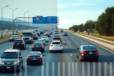 Peak holiday traffic jam vs. smooth, efficient travel.