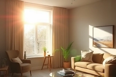 Sunlight through window with insulating film, cozy room