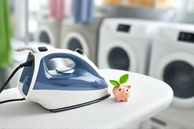 Electric iron saving electricity on ironing board