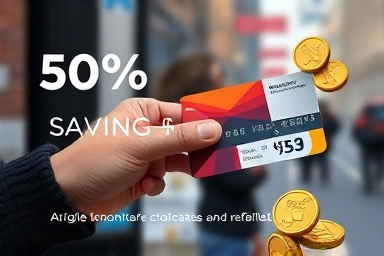 Hand holding public transport card with savings overlay