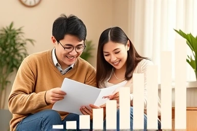 Korean family reviewing financial documents with hope and stability.
