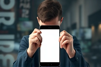 Person distressed by lost smartphone, digital trail symbolizing panic.