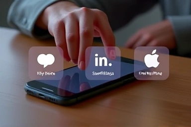 Hand setting up phone for loss prevention, app icons glowing.