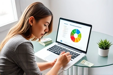 Woman analyzing expenses on a laptop with a budget chart.