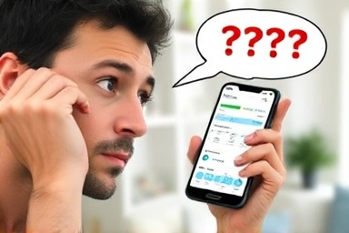 Confused person analyzing smartphone data usage and phone plans.