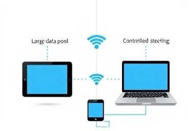 Smartphone sharing data with tablet and laptop via Wi-Fi.