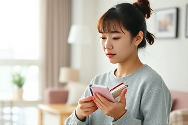 Young Korean woman plans budget with notebook and phone