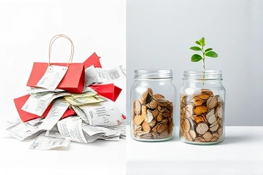 Symbolic split: excessive spending vs. organized savings jars