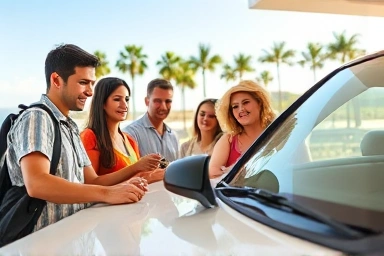 Travelers happily renting a car abroad for a scenic vacation.