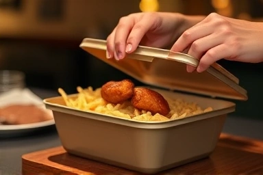 Delicious takeout meal being packed into a container