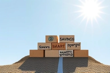 Financial foundation built with savings and smart spending blocks.