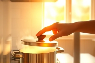 Kitchen efficiency: Hand placing lid on pot for energy saving.