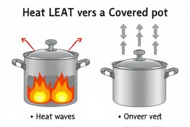 Infographic showing heat containment with pot lids versus without.