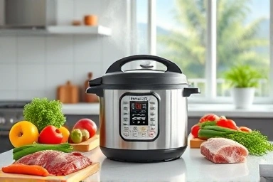 Sleek pressure cooker with fresh ingredients on a clean kitchen counter.