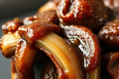 Close-up of tender, flavorful pressure-cooked meat in rich sauce.