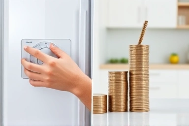 Refrigerator temperature dial and growing coins symbolizing savings.