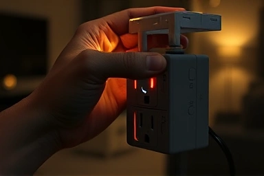 Hand turning off power strip switch to save electricity