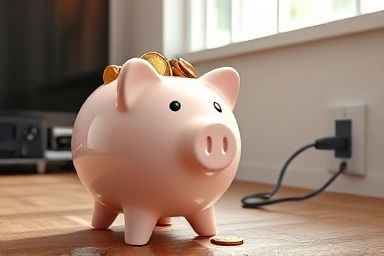 Piggy bank and power strip symbolizing electricity savings