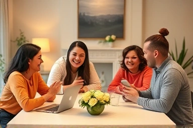 Family using telecommunication services, bundled discounts, happy household.