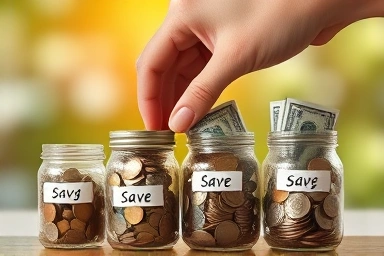 Systematic saving with coins and bills in jars.