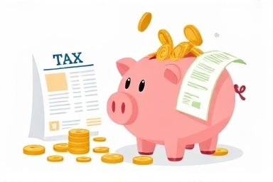 Piggy bank with tax document, symbol of tax savings.