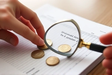 Hand adding coins to ledger, tax planning and deductions.