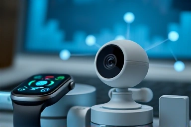 Smart devices with glowing data lines, representing communication and connectivity.