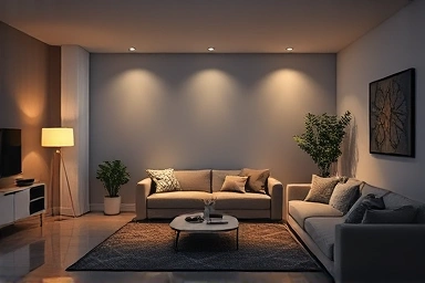Modern living room with adaptive smart lighting