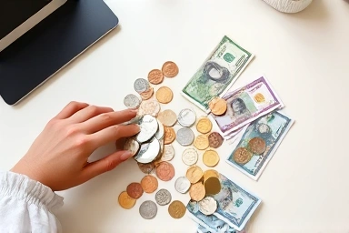 Hands organizing money, financial clarity, saving money concept.