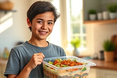Happy student enjoying a healthy, homemade meal