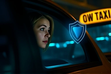 Woman using taxi safety service on smartphone late at night