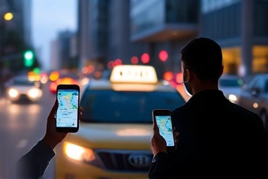 People using smartphones to arrange efficient shared taxi ride in city