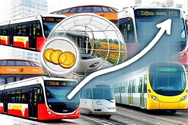Public transport cost savings collage with coins and savings graph.