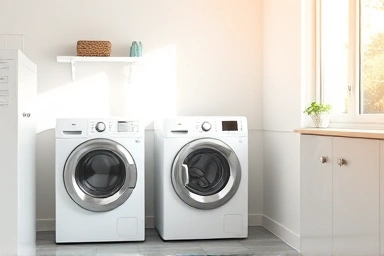 Modern laundry room, energy efficient appliances, bright and clean.