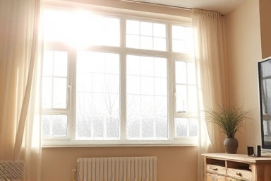 Cozy living room with insulated window, symbolizing warmth and savings.