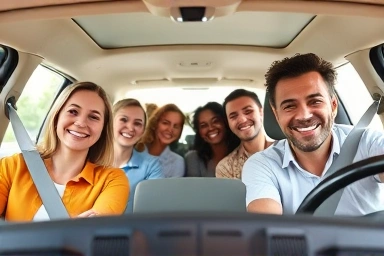 Smiling colleagues carpooling for work, symbolizing efficiency and teamwork.