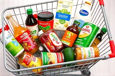 Grocery cart filled with private label products, smart shopping