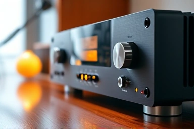 Modern hi-fi amplifier glowing with ambient light.