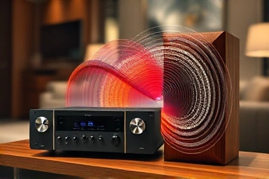 Abstract sound waves flowing from amplifier to speakers.