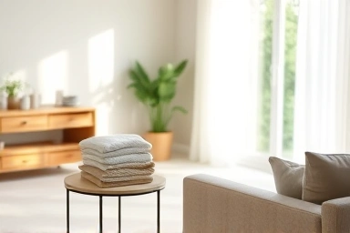 Serene, tidy living room with discreet cleaning supplies.