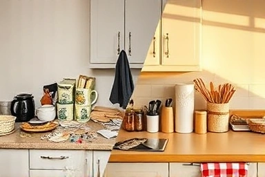 Before and after of a kitchen counter, showing clutter vs. neatness.