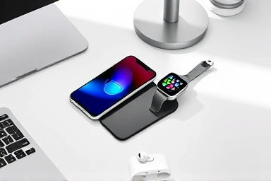 Minimalist desk with 3-in-1 wireless charger and devices.