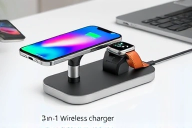 Close-up of 3-in-1 wireless charger powering multiple devices.