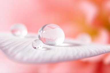 Delicate water droplets on soft petal, symbolizing gentle feminine care.