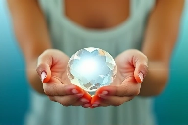 Hands holding glowing oval stone, symbolizing balance and well-being.