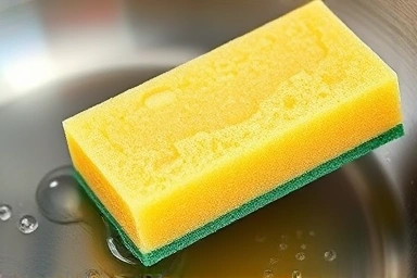Acrylic sponge cleaning grease from pan, showing texture and power.