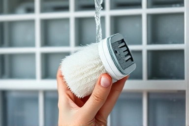 Hands cleaning an air conditioner filter with a brush.