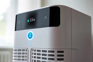 Modern air purifier in a clean, bright living room.